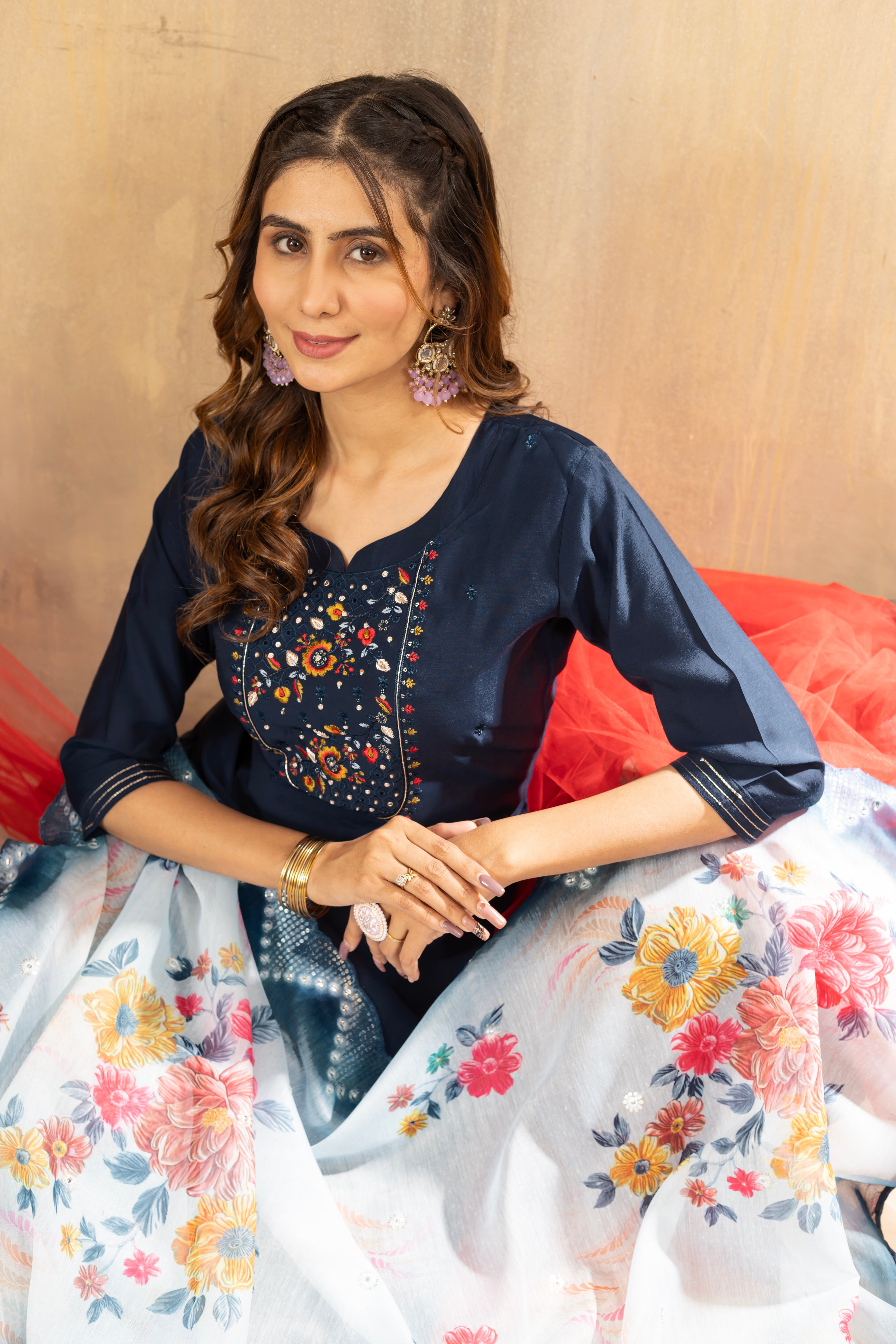 Premium Navy Blue Viscose Silk Multi Embroidered Suit Set