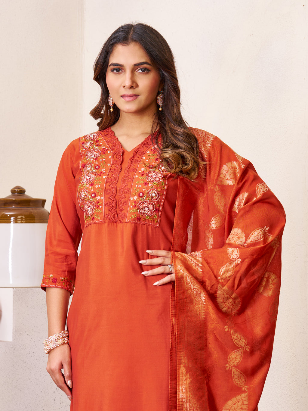 Beautiful Orange Roman Silk Embroidered Kurti Pant Dupatta Set