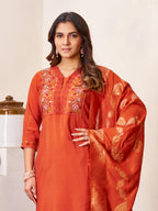 Beautiful Orange Roman Silk Embroidered Kurti Pant Dupatta Set