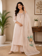 Elegant Beige Hand Work Premium Mul Chanderi Suit Set With Floral Dupatta