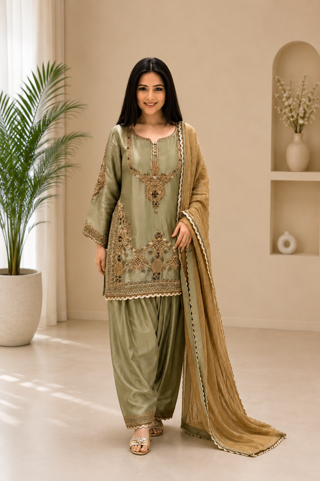 Premium Designer Sage Green Glass Satin Punjabi Salwar Suit Set