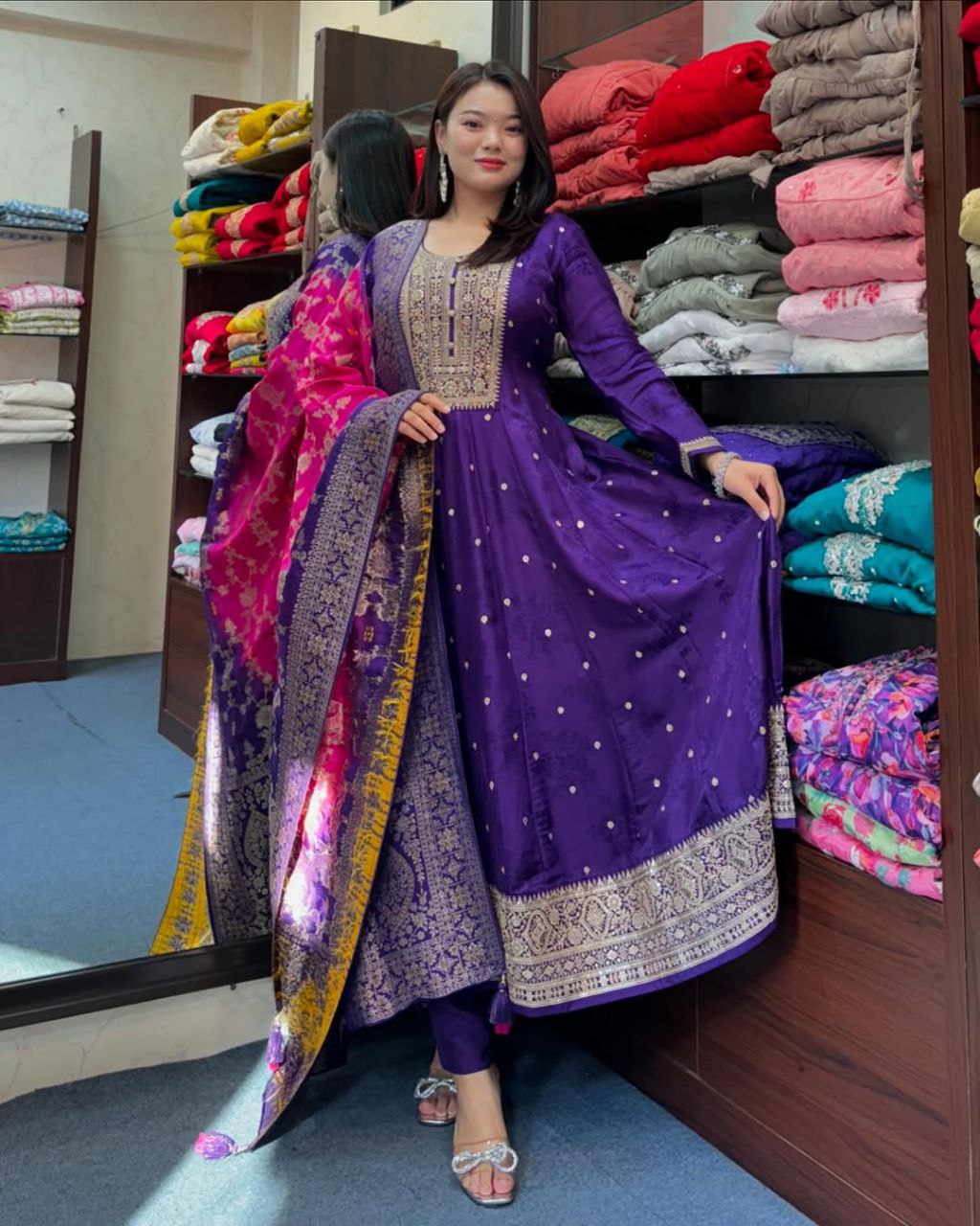 MOST ATTRACTIVE BANANA SILK ANARKALI STYLE SUIT SET