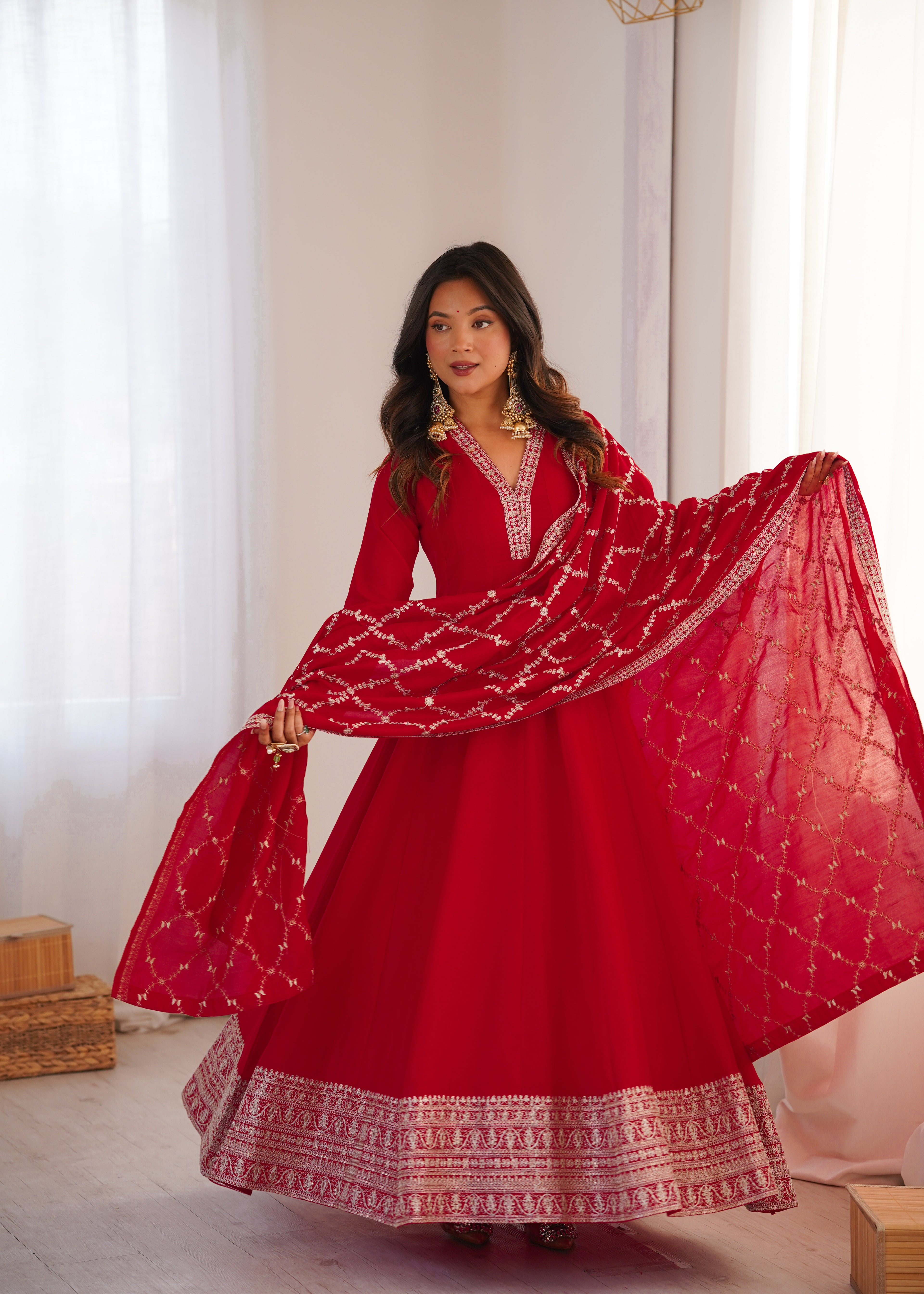 Cherry Red Luxury Festive Anarkali gown Suit with Intricate Silver Embroidery