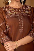 Elegant Coffee Brown Viscose Mango Silk Embroidered Suit Set