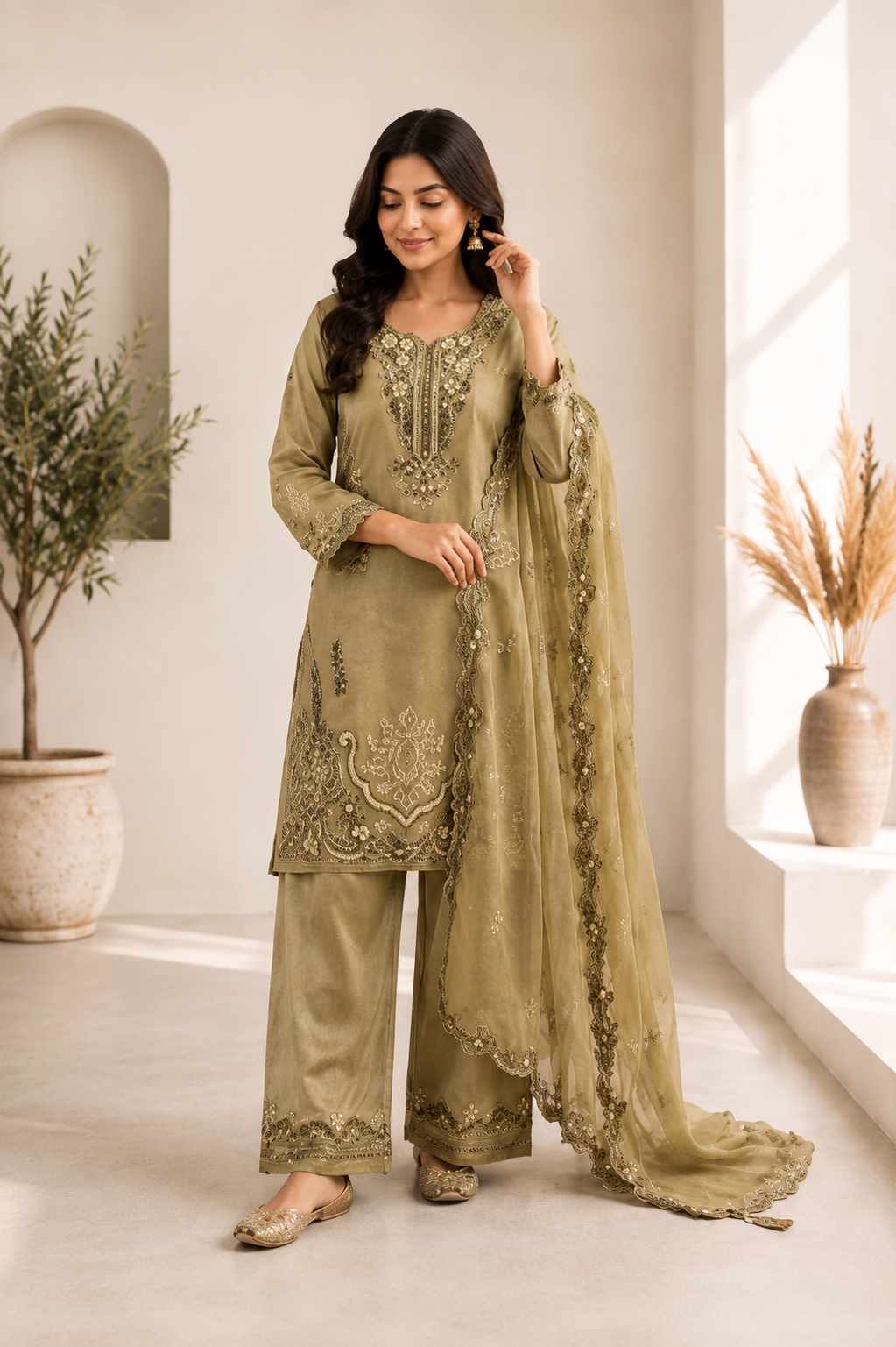 Elegant Olive Green Crunchy Silk Embroidered Suit Set with Organza Dupatta