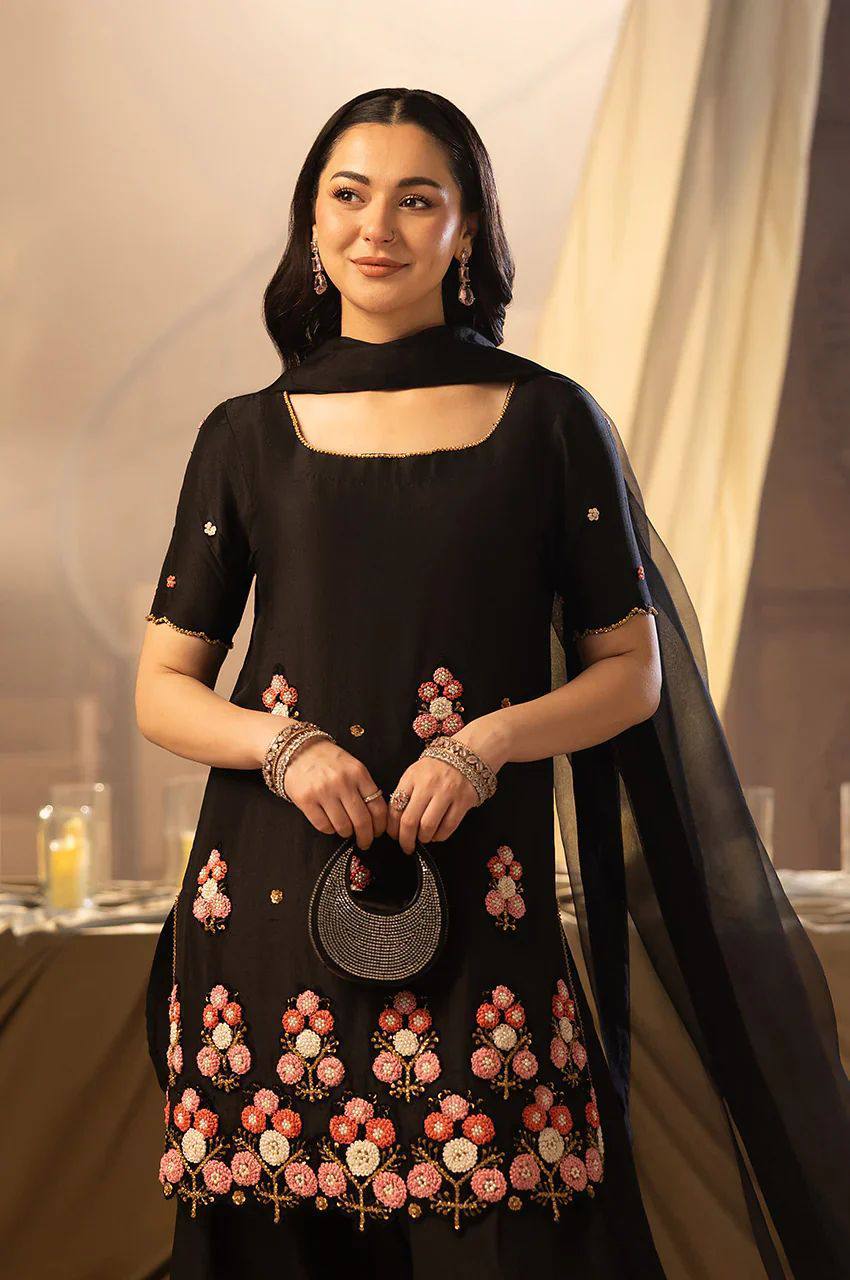Elegant Black Crape Silk Embroidered Sharara Suit Set with Organza Dupatta