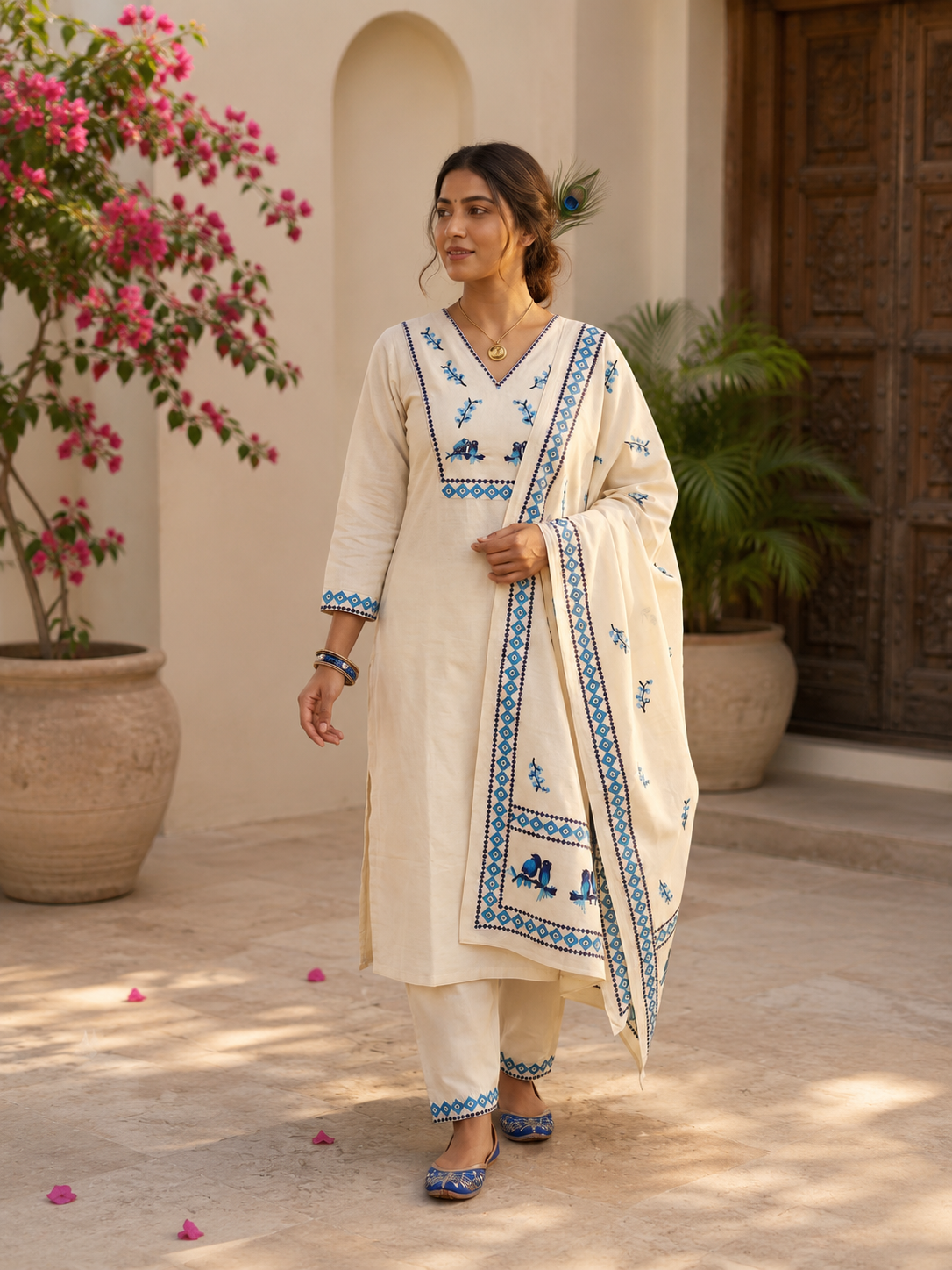 Elegant Pure Khadi Cotton Printed Salwar Suit with Sequence Handwork