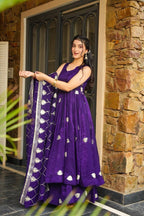 Royal Purple Fendy Silk Embroidered Anarkali Gown Set with Palazzo and Dupatta