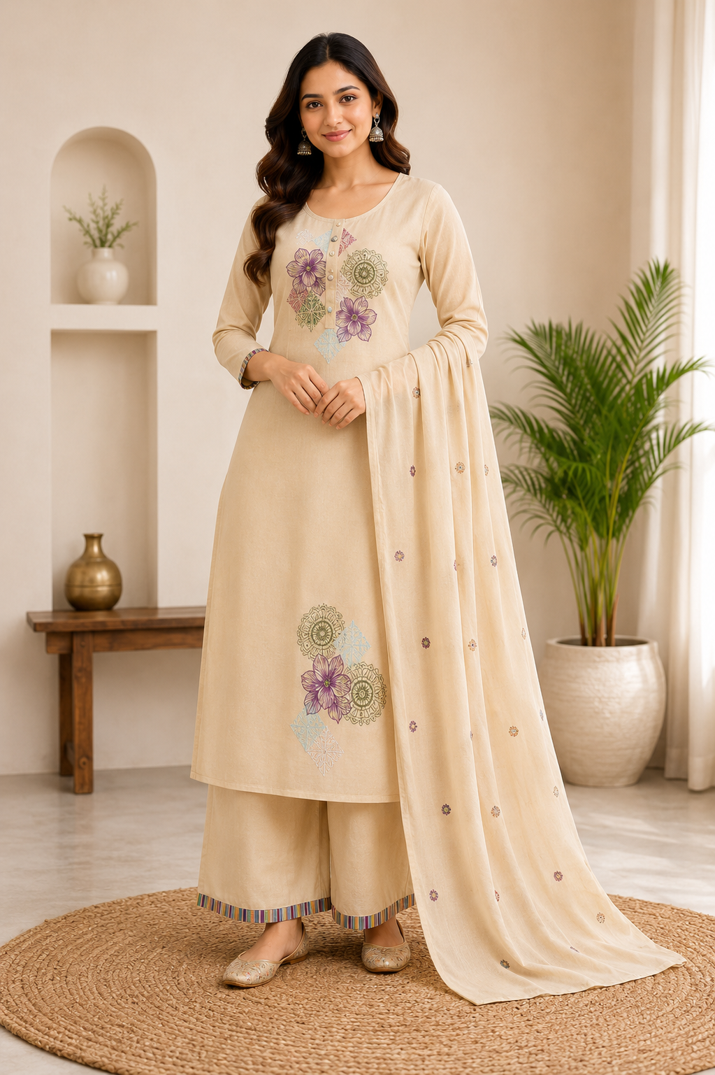 Elegant Beige Pure Cotton Thread Embroidery Suit Set