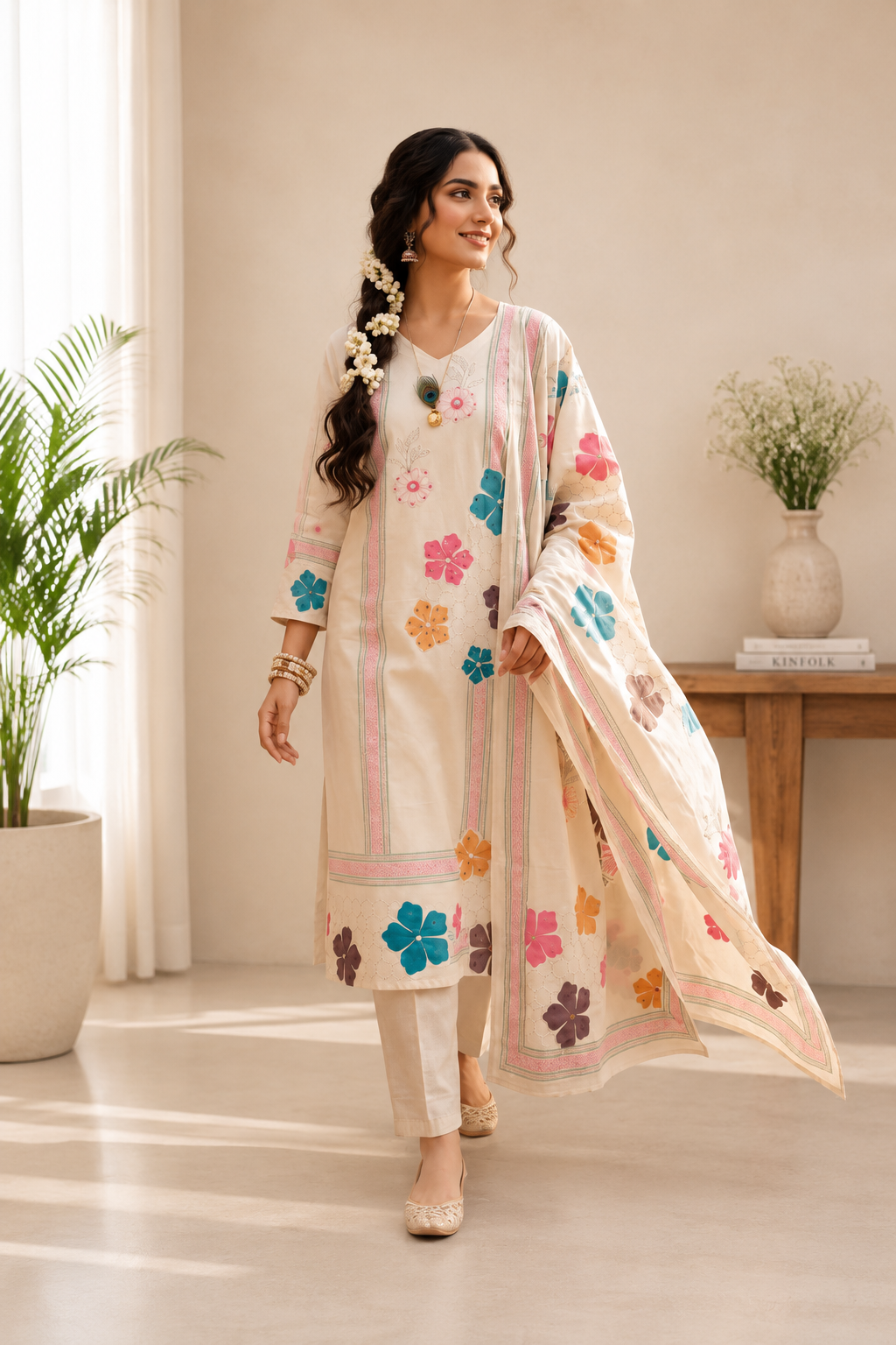 Very Attractive Pure Khadi Cotton Multi-Thread Handwork A-Line Kurta Set