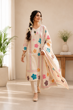 Very Attractive Pure Khadi Cotton Multi-Thread Handwork A-Line Kurta Set