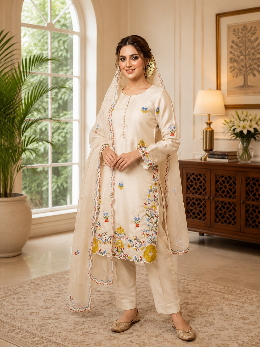 Premium Festive Cream Embroidery Glass Roman Silk Suit Set