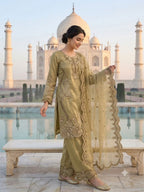 Elegant Olive Green Crunchy Silk Embroidered Suit Set with Organza Dupatta