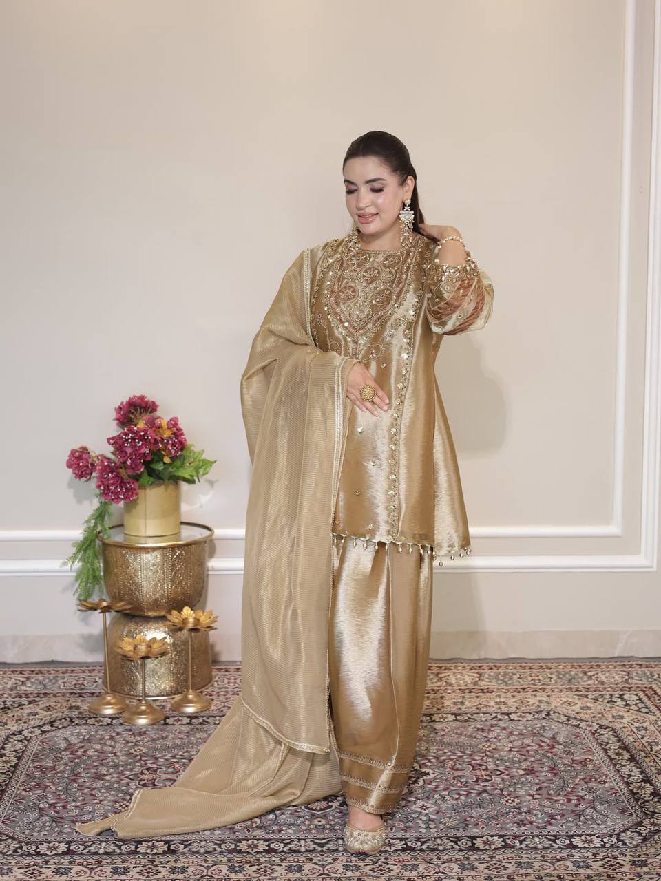 Royal Gold Fandy Silk Sequence Embroidered Salwar Suit Set