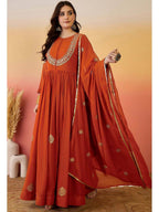 Designer Rust Orange Faux Georgette Embroidered Anarkali Suit Set with Dupatta