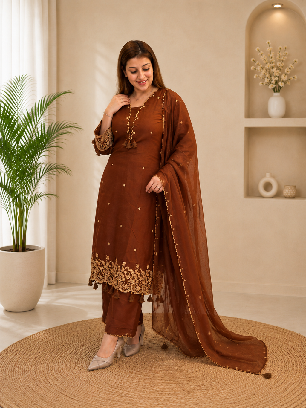 Festive Designer Brown Rayon Embroidery Straight Kurti Pants Set