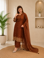 Festive Designer Brown Rayon Embroidery Straight Kurti Pants Set