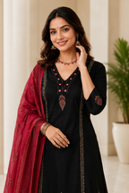 Classic Black Cotton Ethnic Suit Set With Block Print With Real Mirror Hand Work