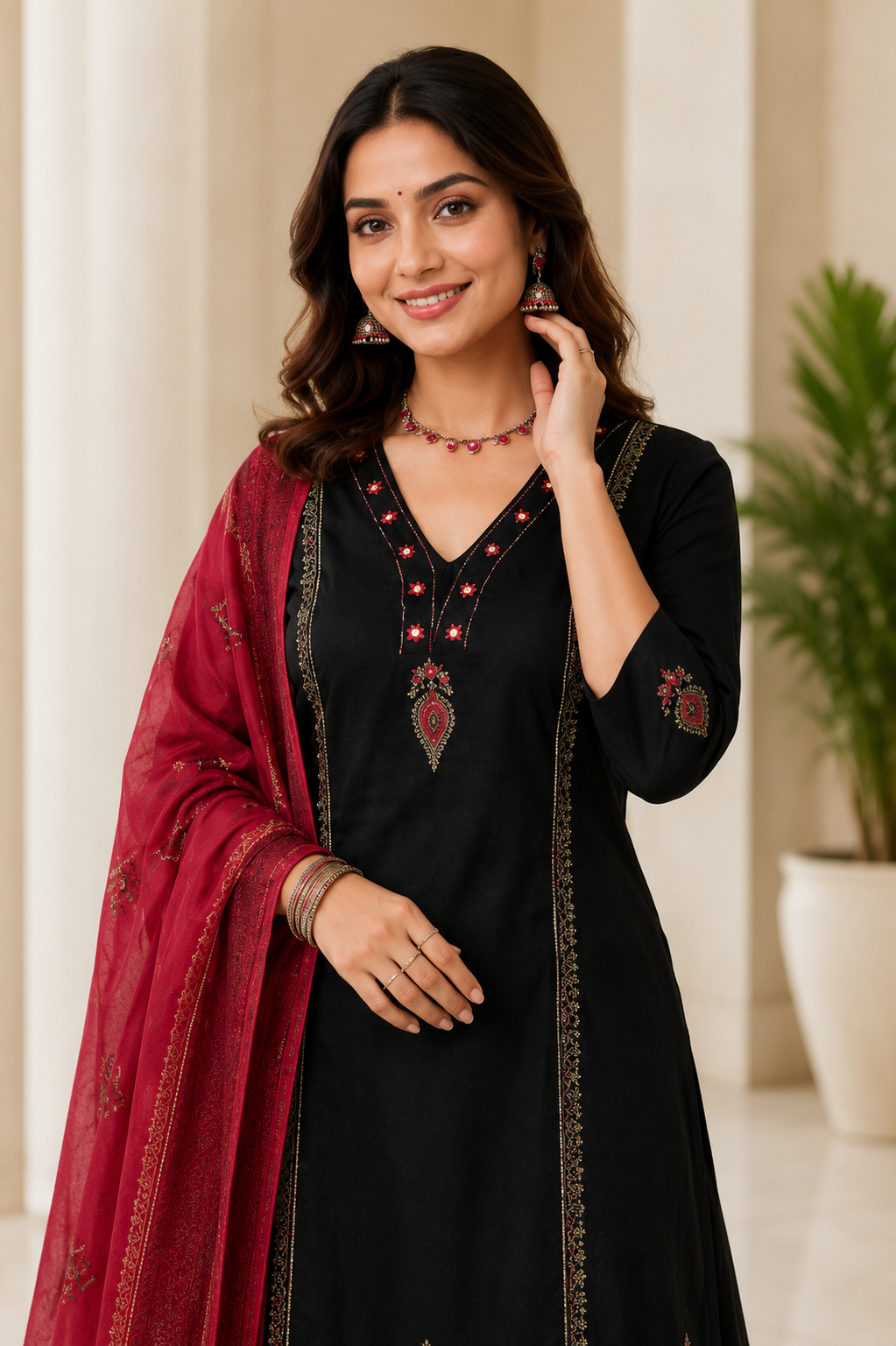 Classic Black Cotton Ethnic Suit Set With Block Print With Real Mirror Hand Work