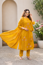 Festive Mustard Pure Cotton Suit Set with Floral Mirror Hand Work