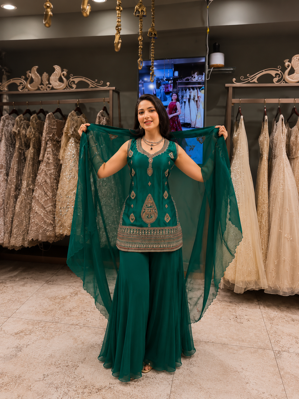 Emerald Green Rangoli Silk Indo-Western Set with Sequins Embroidered Cape Shrug