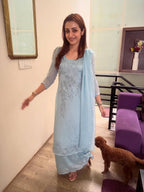 Attractive Blue Crunchy Silk Sequence Embroidery Anarkali Suit Set