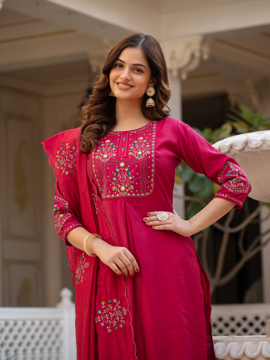 Pink Mango Silk Traditional Dress with Embroidered Dupatta