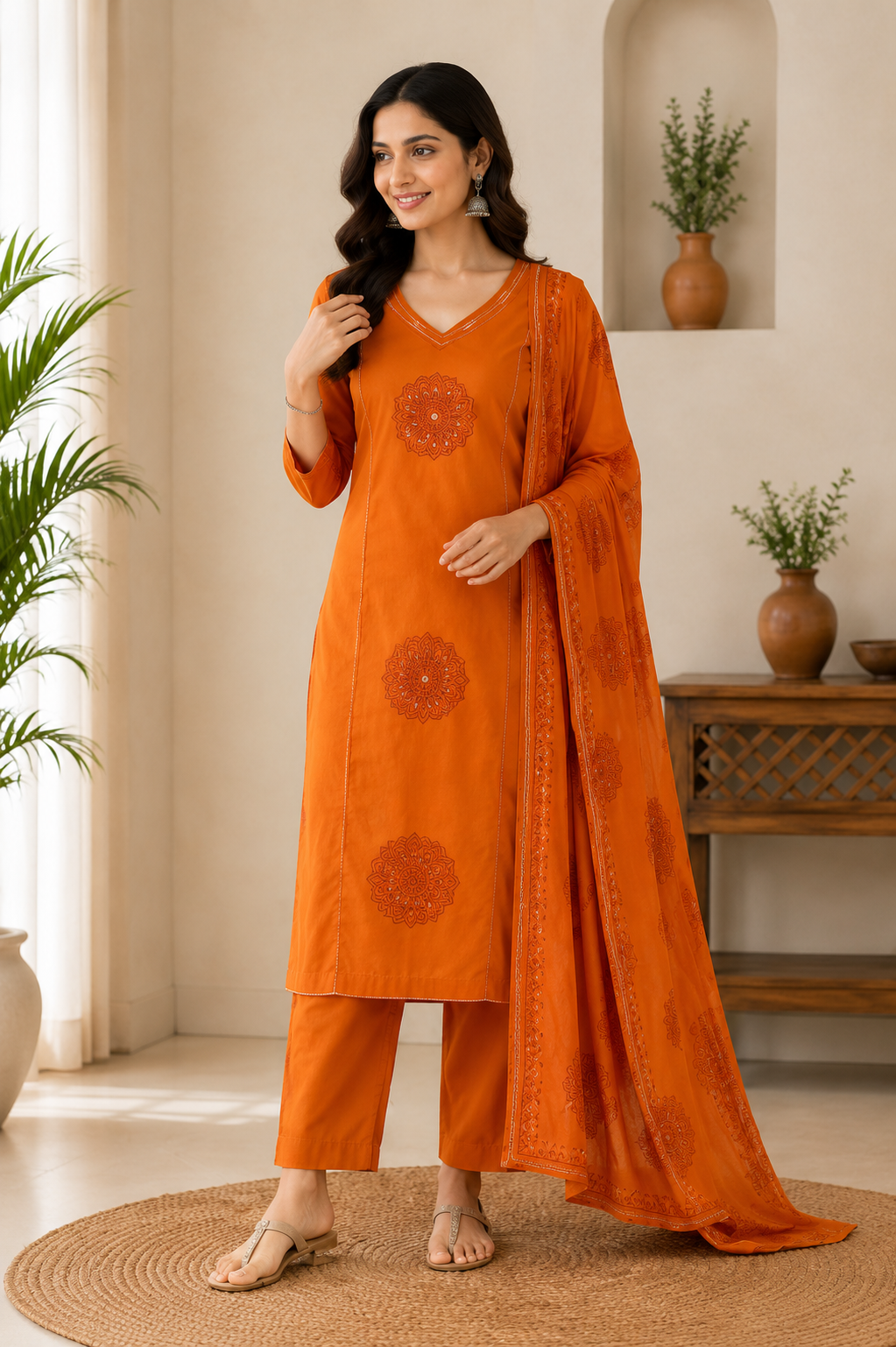 Premium Rust Orange Hand Block Print Pure Cotton Suit Set