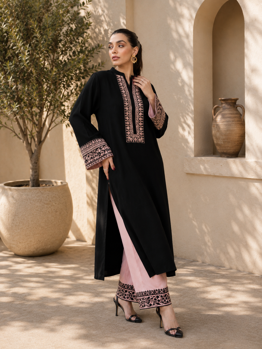 Black Rayon Thread Work Cotton Co-ord Kurta Set