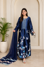 Navy Blue Floral Thread Work Jura Silk Kaftan-Style Kurta Set