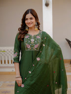 Elegant Green Mango Silk Suit Set with Floral Embroidery