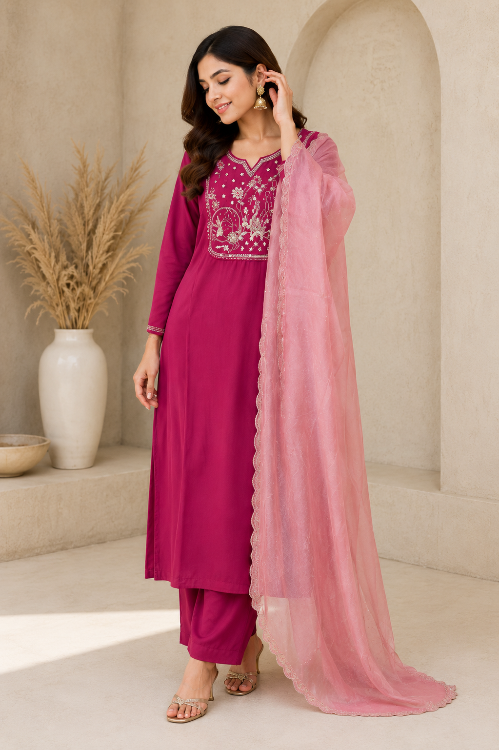 New Designer Magenta Premium Roman Silk Embroidered Suit Set