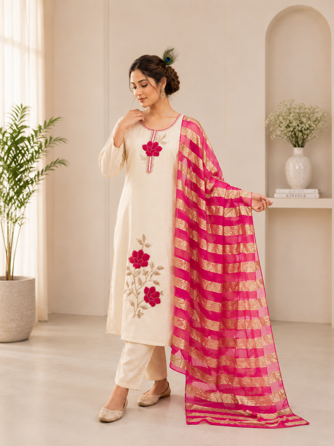 Elegant Beige Premium Roman Silk Beads Embroidered Suit Set