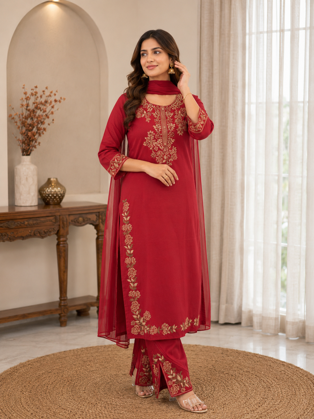 Elegant Red Embroidered Roman Silk Suit Set with Dupatta