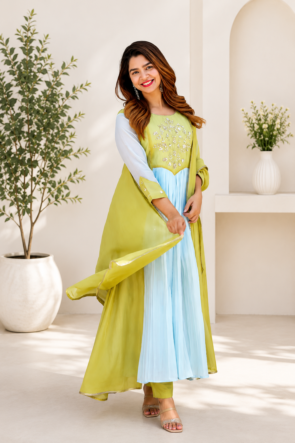 Designer Premium Lime Green & Pastel Blue Pure Mul Chanderi Embroidered Suit Set