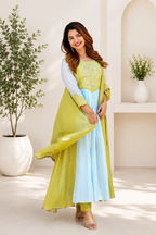 Designer Premium Lime Green & Pastel Blue Pure Mul Chanderi Embroidered Suit Set