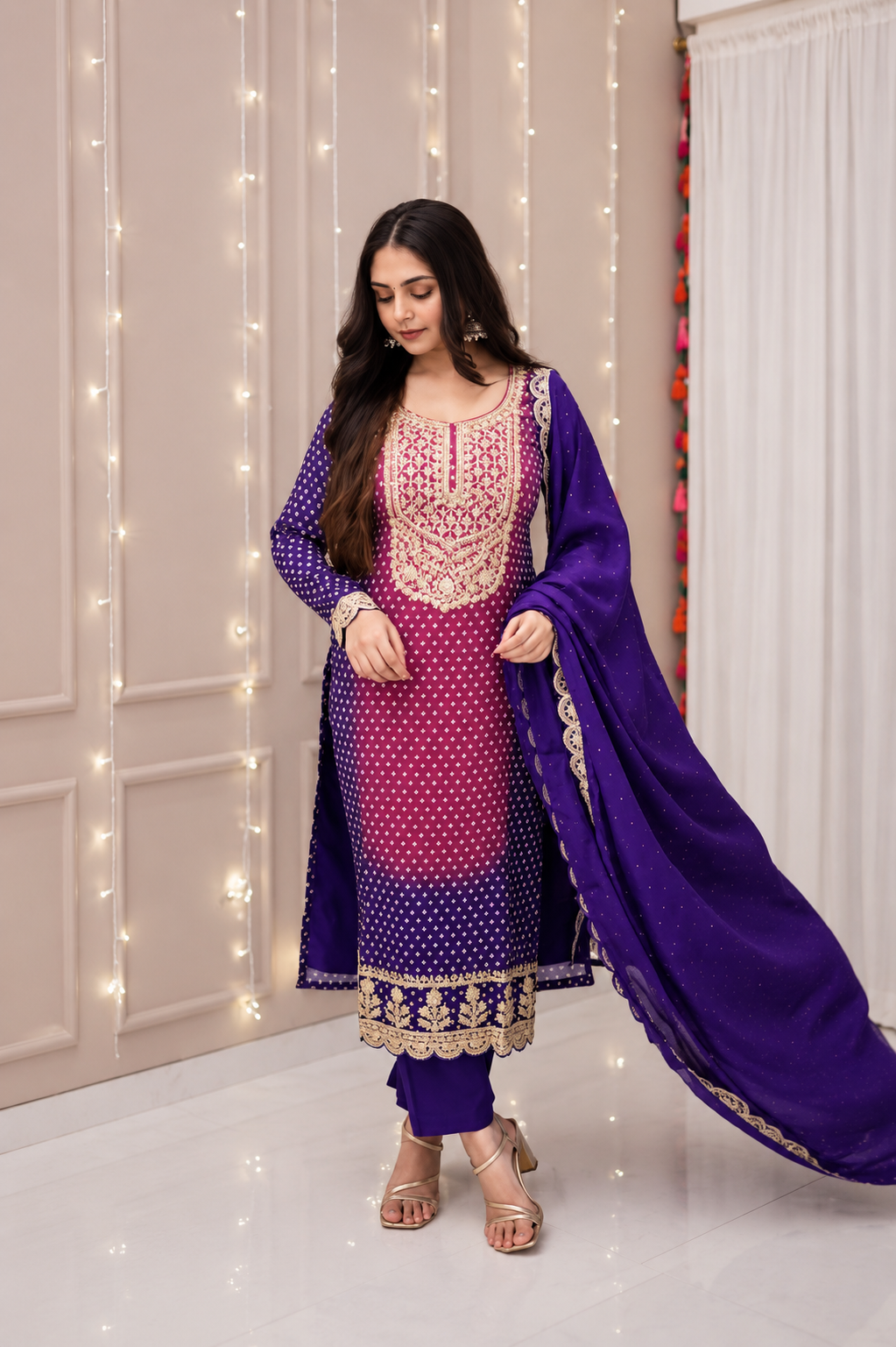 Elegant Dual-Tone Violet Magenta Chinon Silk Embroidery Suit Set