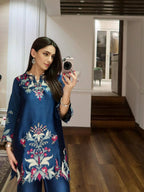 Premium Teal Blue French Crepe Embroidered Co-ord Set