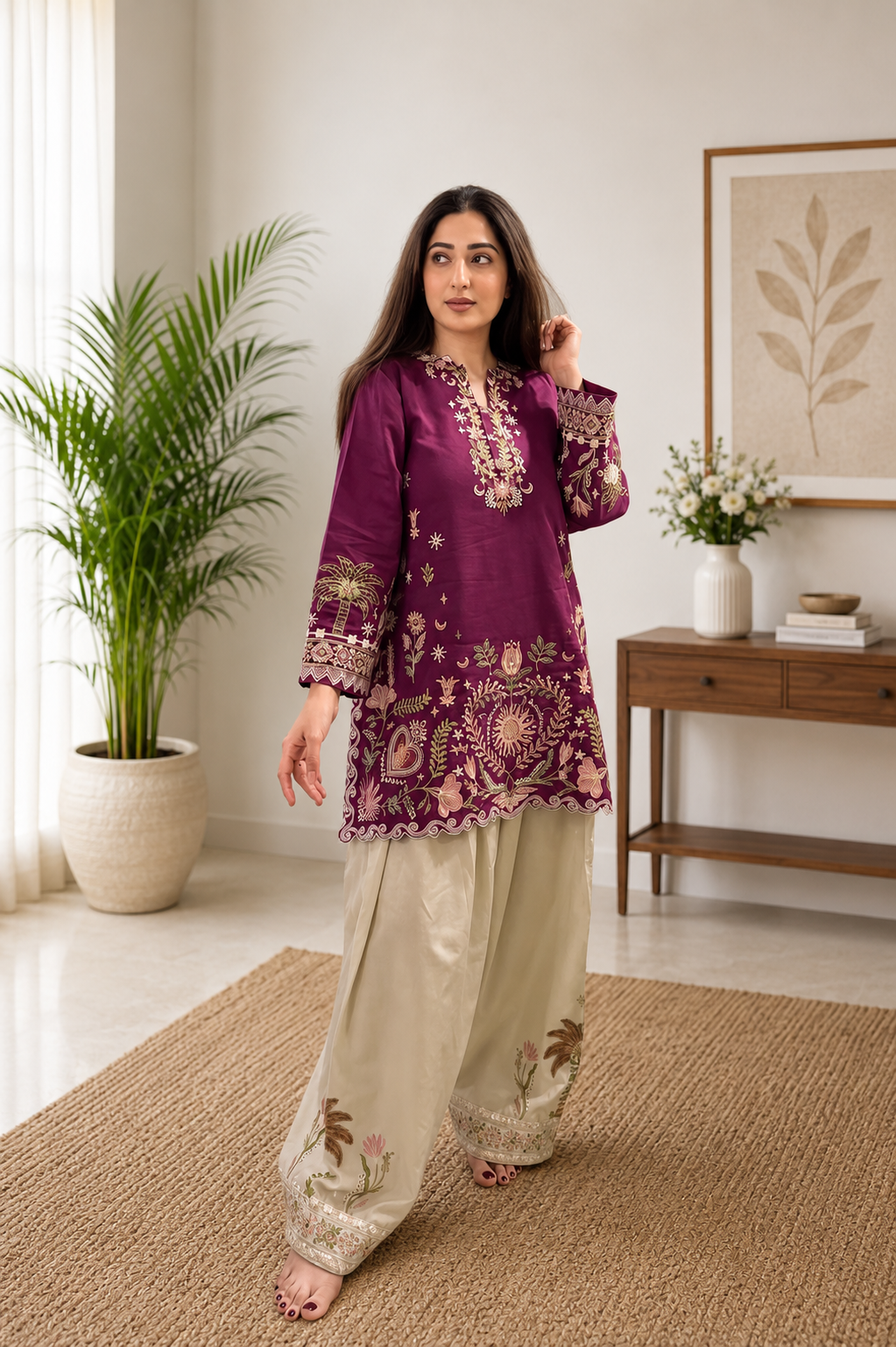Very Attractive Magenta Floral Embroidered French Crepe Tunic Set