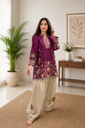 Very Attractive Magenta Floral Embroidered French Crepe Tunic Set