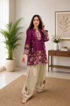 Very Attractive Magenta Floral Embroidered French Crepe Tunic Set