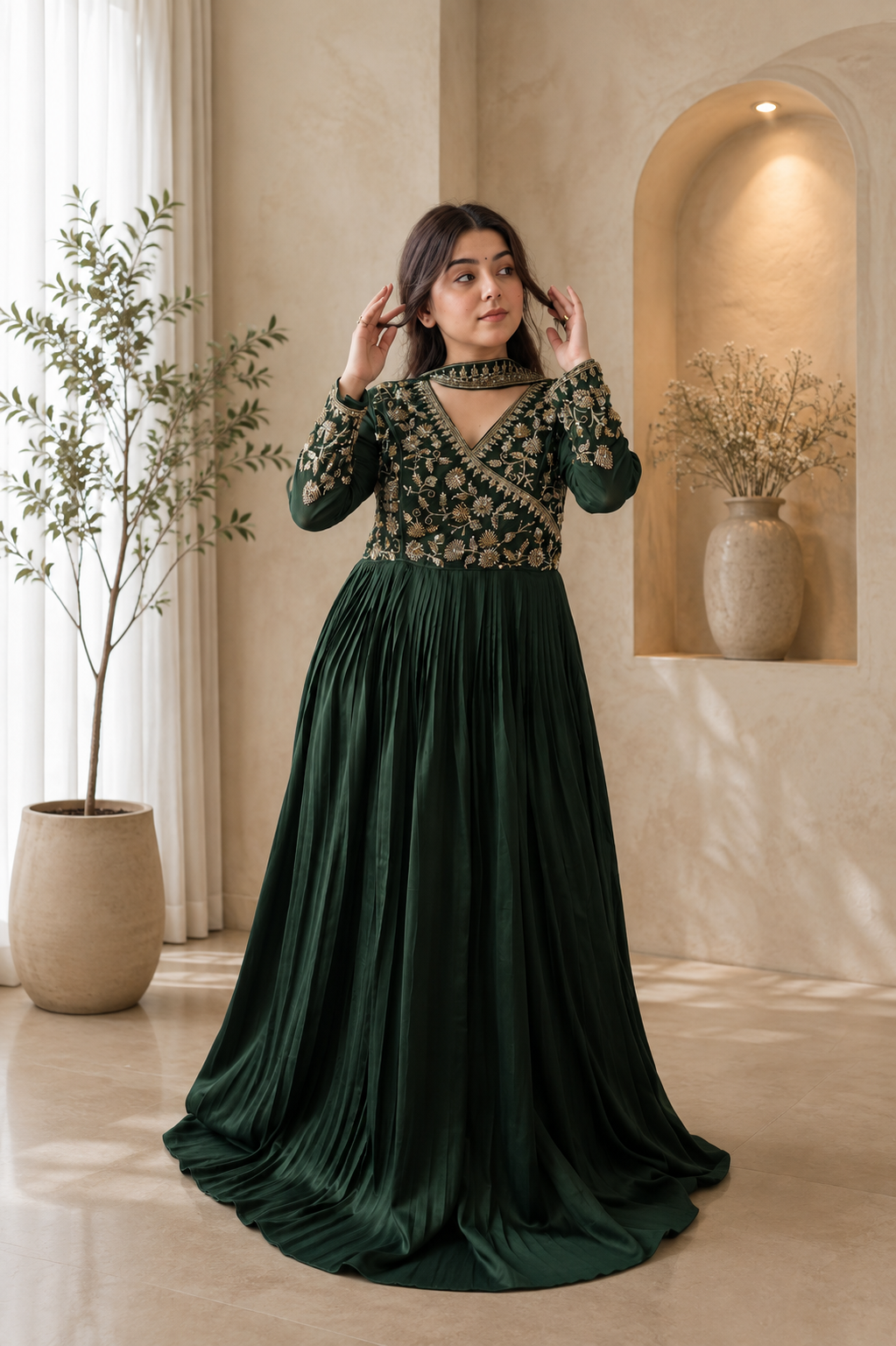 Green Blooming Vichitra Silk Embroidered Anarkali Gown