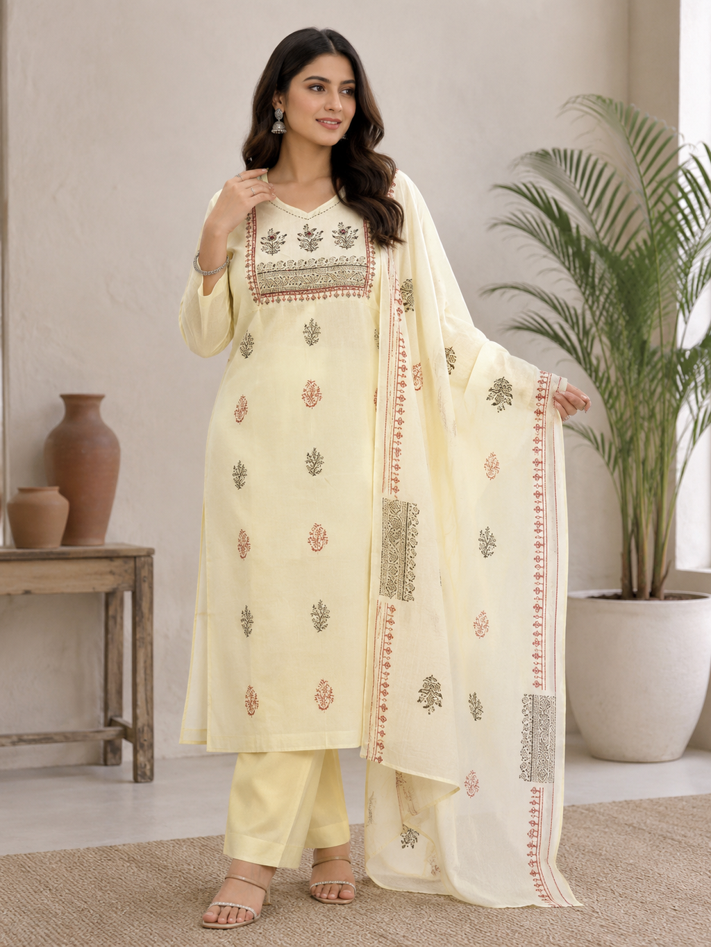 Ivory Cream Pure Cotton Hand Block Print Kurta Pant Set
