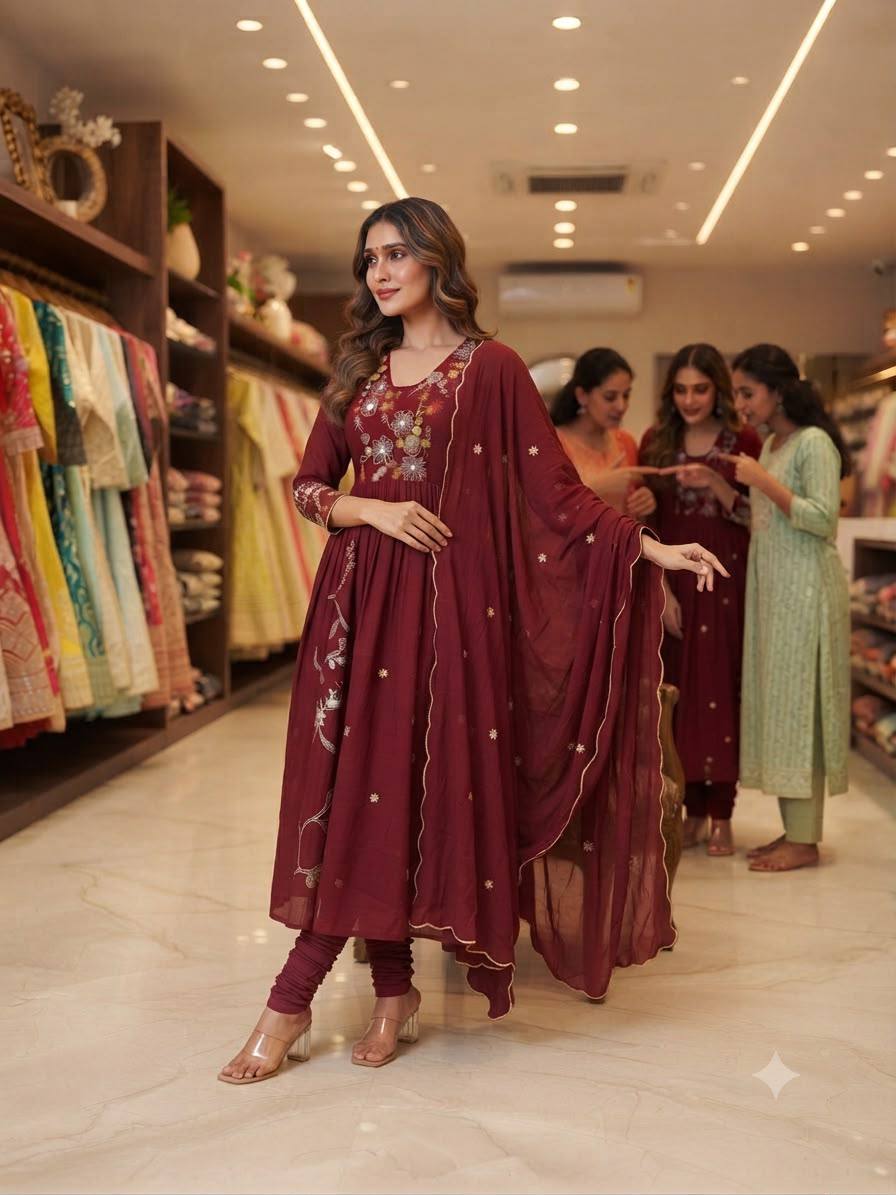 New Designer Festive Embroidery Mul Chanderi Anarkali Suit Set