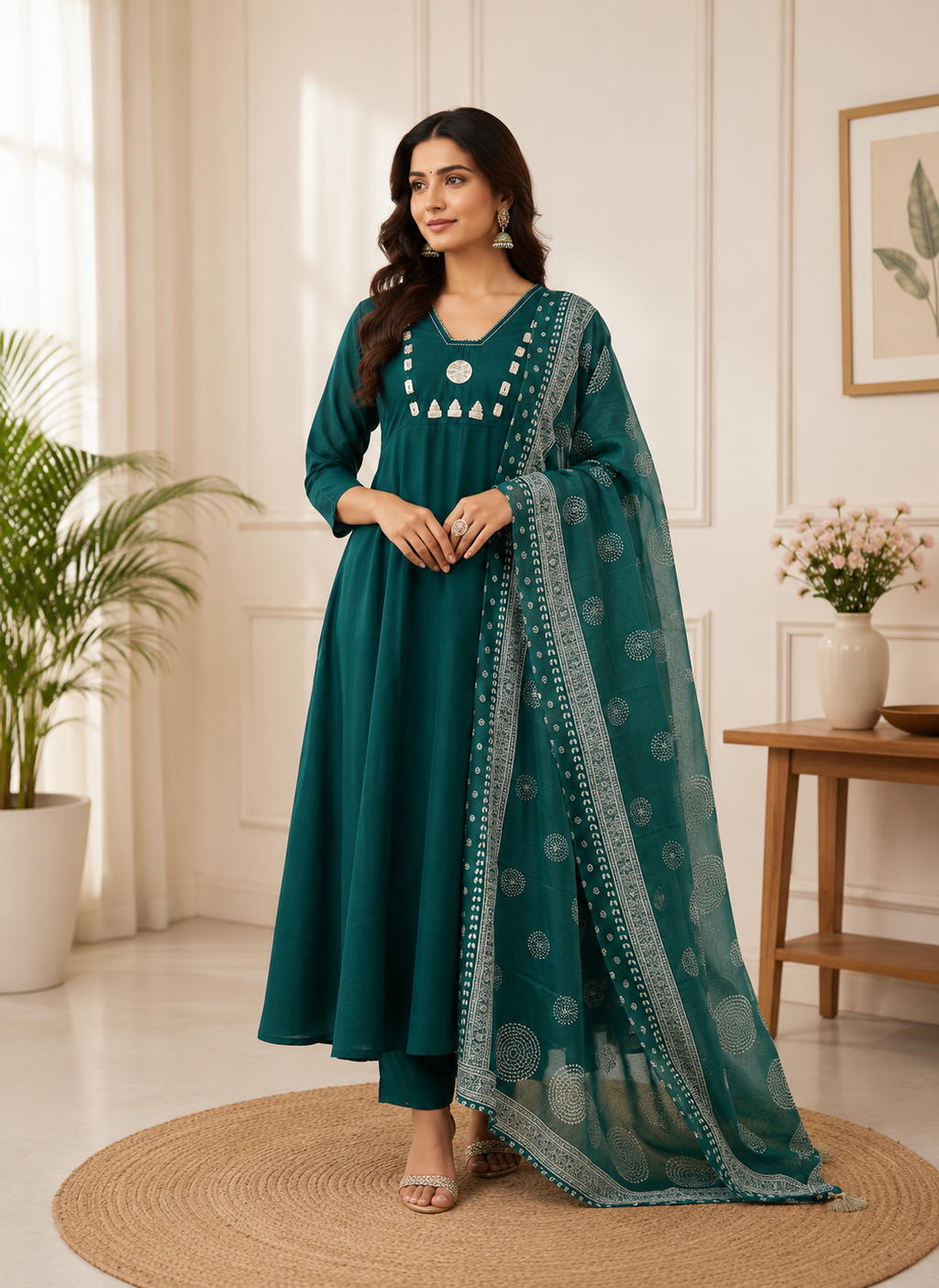 Emerald Teal Cotton Ethnic Suit Set With Real Mirror Hand Work