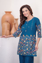 Elegant Teal Blue Designer Pure Cotton Co-ord Set