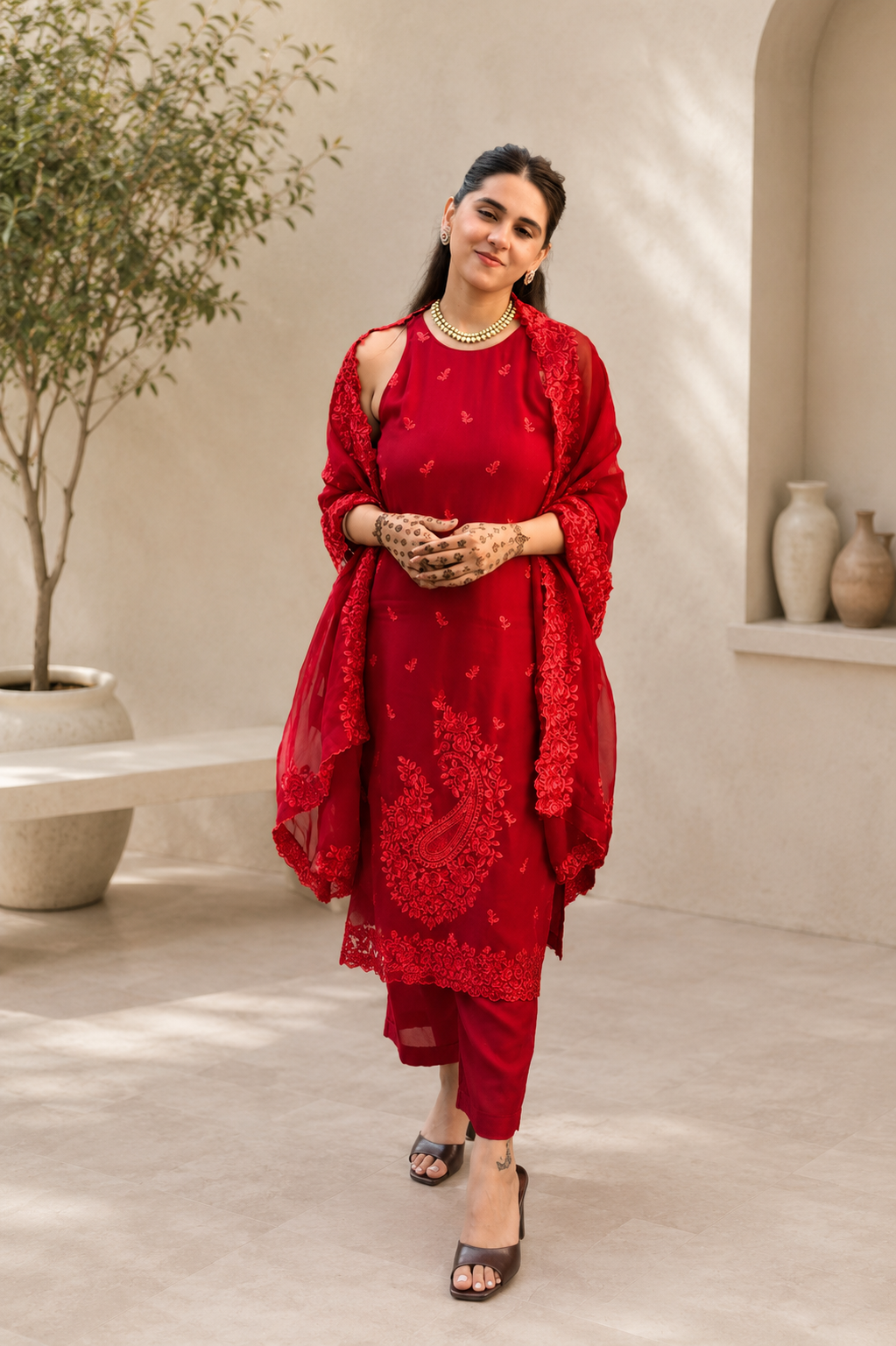Premium Ruby Red Faux Georgette Festive Suit Set
