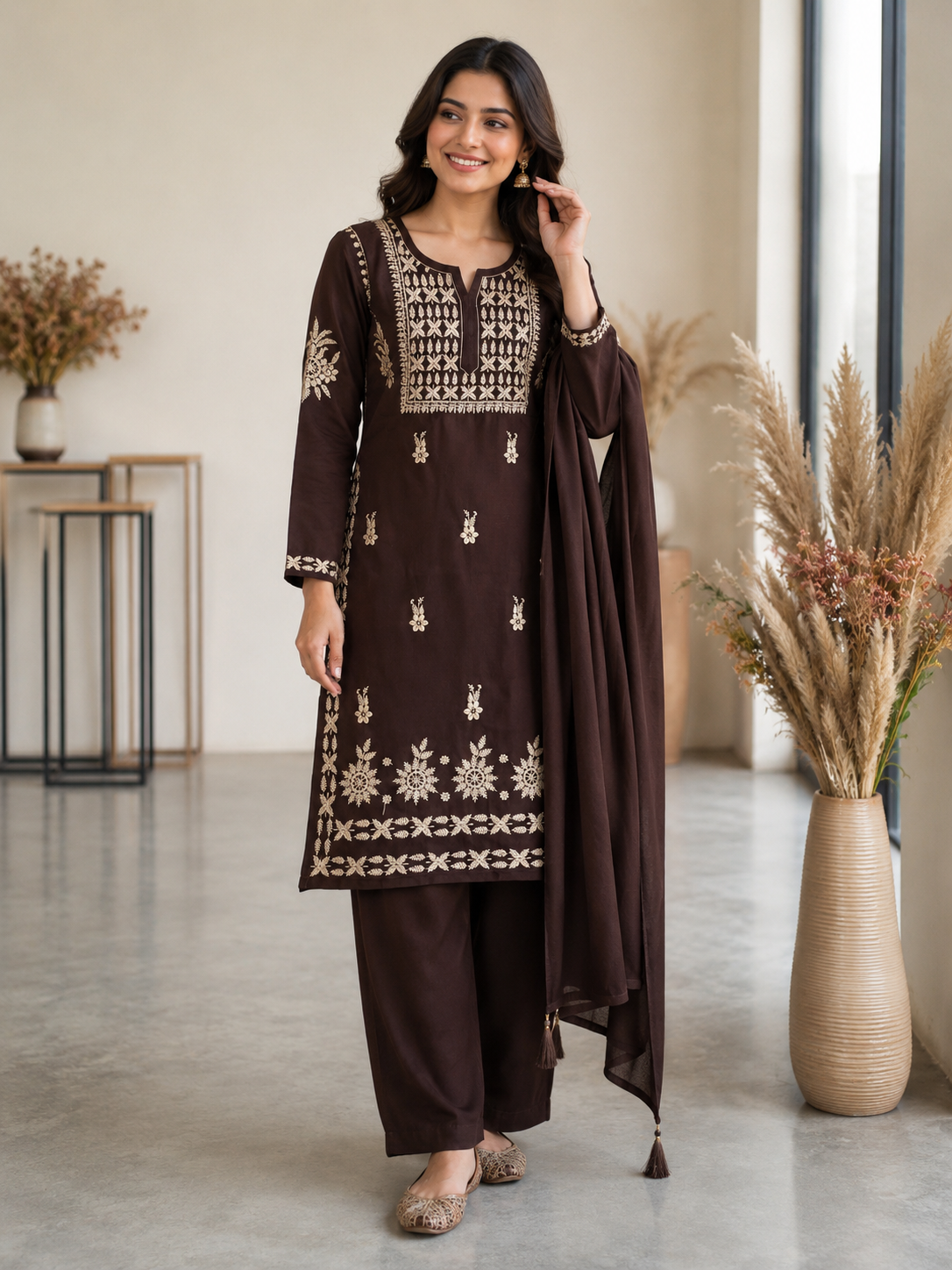 Very Attractive Brown Premium Rayon Embroidery Suit Set Set
