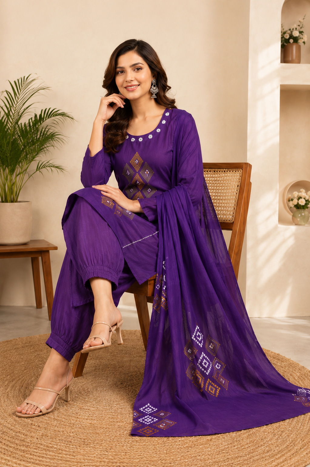 Elegant Royal Purple Pure Cotton Suit Set With Mirror Hand Work