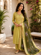 Very Beautiful Lime Green Handwork Premium Mul Chanderi Suit Set